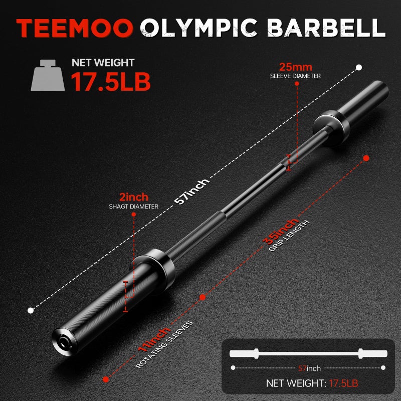 TEEMOO Olympic Barbell Bar, 57" Barbell Bar with 2 Spring Collars, Strength Training bars, Bench Press bar for Weight Lifting, Squat, Hip Thrusts, Biceps, 500lb Weight Capacity, E-Coat Finish for 2 inch Weight Plates (Black) - Image 2