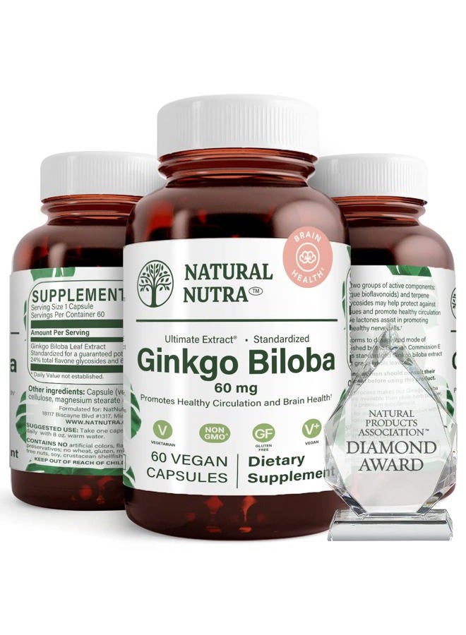 Natural Nutra Ginkgo Biloba, Improves Circulation to The Brain and Boosts Memory, Increases Oxygen Flow, and Enhancing Brain Function, Support Nerve Health, Vegan and Gluten Free, (60) Capsules - Image 1