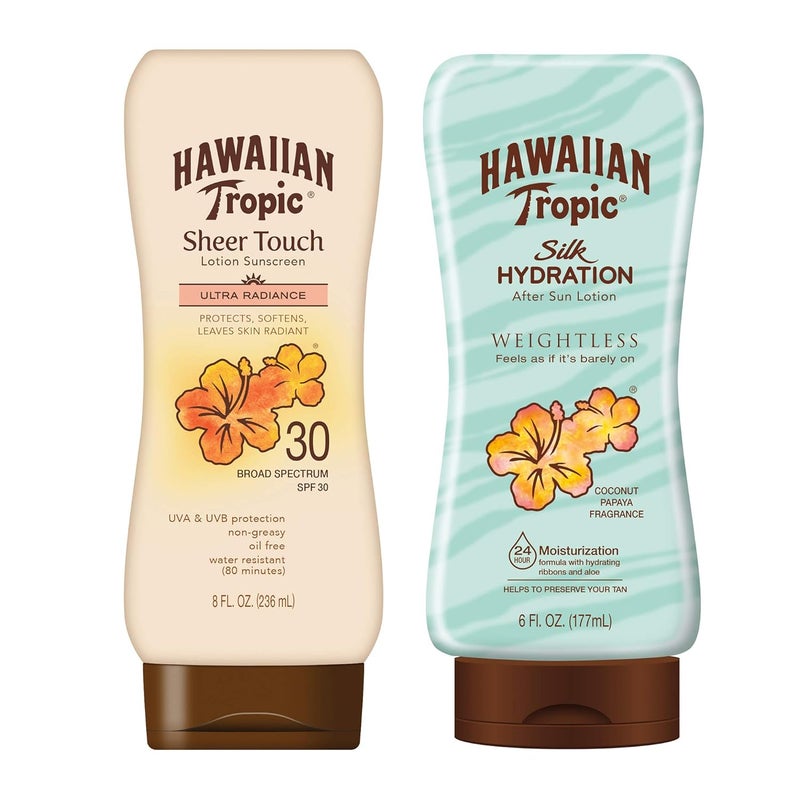 Hawaiian Tropic Hawaiian Tropic SPF 30 Broad Spectrum Sunscreen and After Sun Pack with 8oz Sheer Touch Moisturizing Sunscreen Lotion and 6oz Silk Hydration Weightless After Sun Lotion 