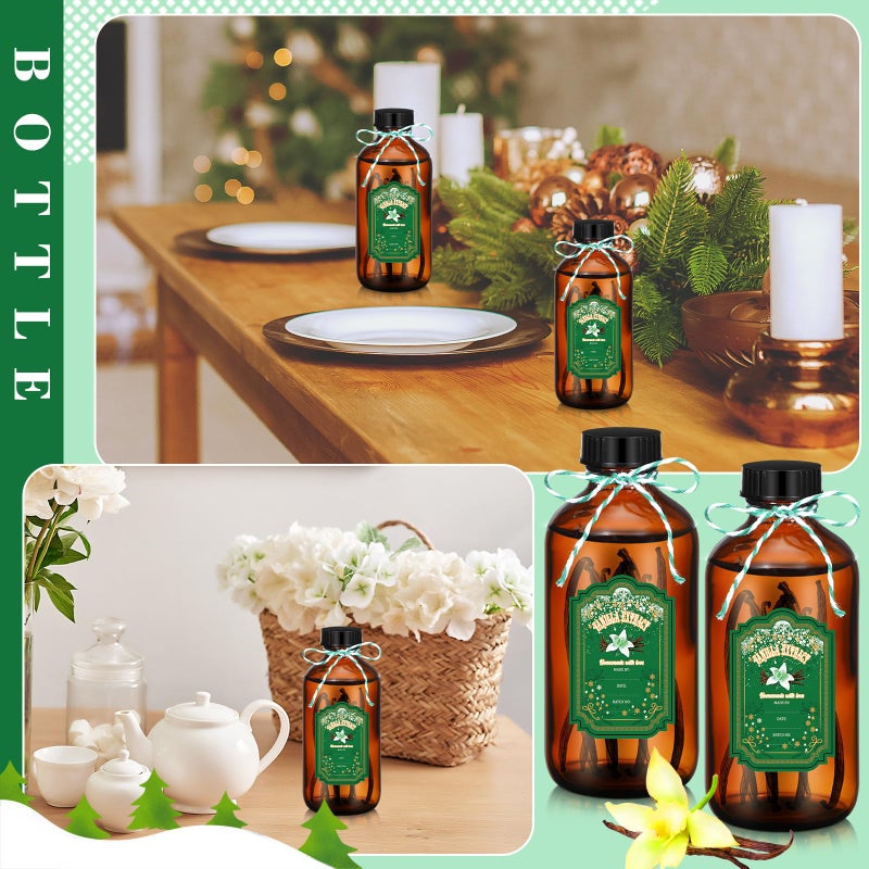 Uiifan 12 Pack Amber Glass Bottles Boston Round Sample Bottles Glass jars with Lids Dark Vanilla Extract and 12 Pcs Christmas Green Snowflakes Stickers for Gift Beans(8 oz) - Image 3