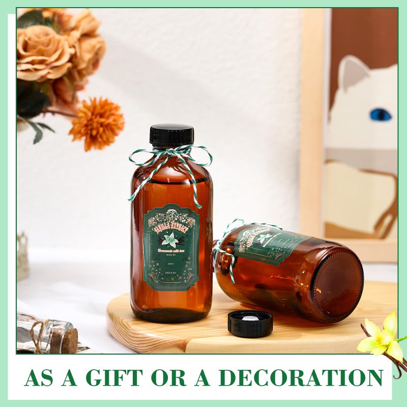 Uiifan 12 Pack Amber Glass Bottles Boston Round Sample Bottles Glass jars with Lids Dark Vanilla Extract and 12 Pcs Christmas Green Snowflakes Stickers for Gift Beans(8 oz) - Image 5