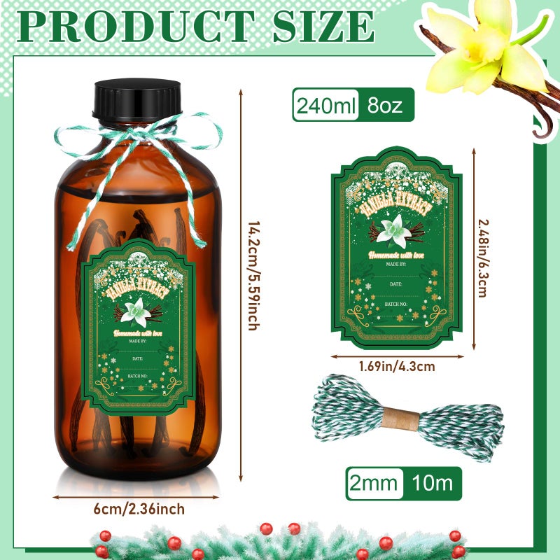 Uiifan 12 Pack Amber Glass Bottles Boston Round Sample Bottles Glass jars with Lids Dark Vanilla Extract and 12 Pcs Christmas Green Snowflakes Stickers for Gift Beans(8 oz) - Image 2