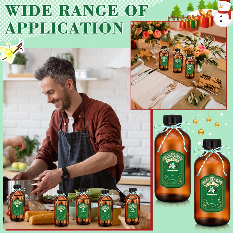 Uiifan 12 Pack Amber Glass Bottles Boston Round Sample Bottles Glass jars with Lids Dark Vanilla Extract and 12 Pcs Christmas Green Snowflakes Stickers for Gift Beans(8 oz) - Image 4