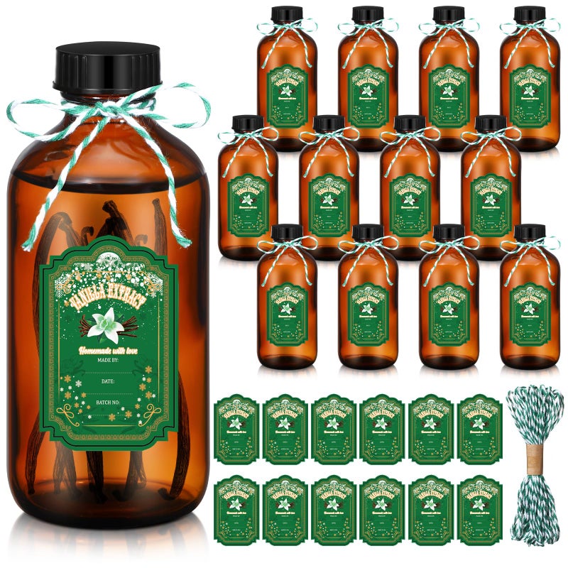 Uiifan 12 Pack Amber Glass Bottles Boston Round Sample Bottles Glass jars with Lids Dark Vanilla Extract and 12 Pcs Christmas Green Snowflakes Stickers for Gift Beans(8 oz) - Image 1