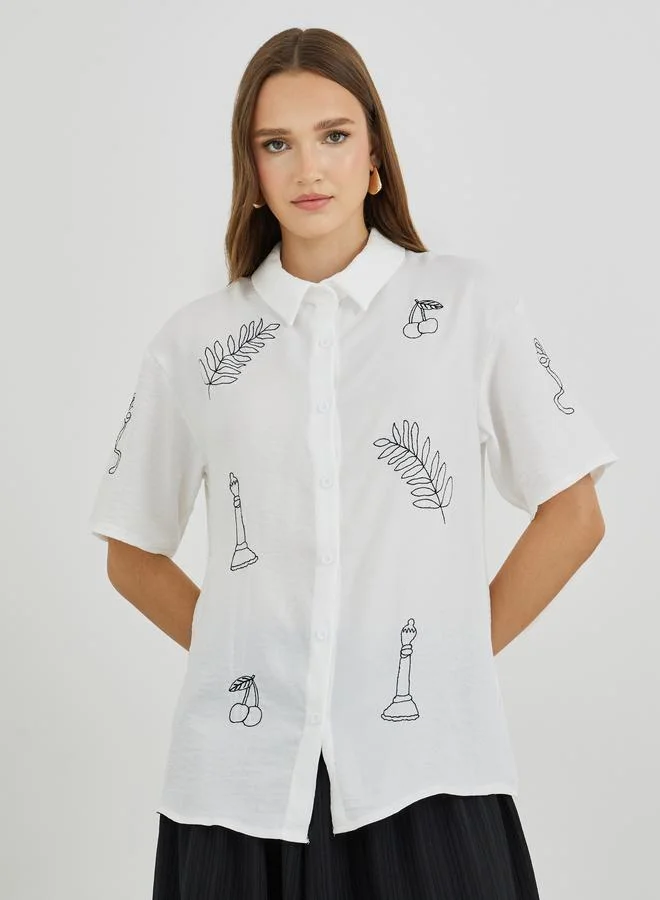 Take Two Take Two Embroidered Short Sleeve Spread Collar Shirt