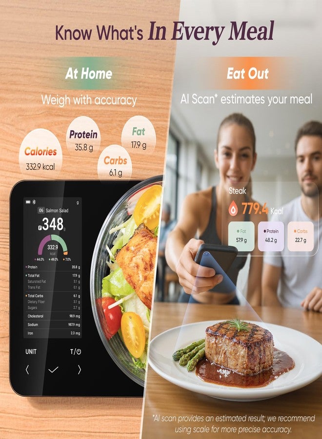 Cosori Smart Food Kitchen Scale with Nutritional Calculator, Free App for AI Scan, Calorie & Macro Tracking, Food Preload, On-Screen Nutrient Info, Personal Goals, Rechargeable, 11 lb / 5 kg - Image 4