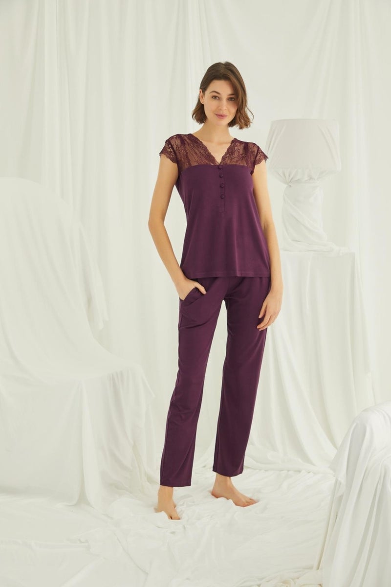 Monamise Women's Pajama Set with Lace Collar, Sleeves and Shoulders, Buttoned Front