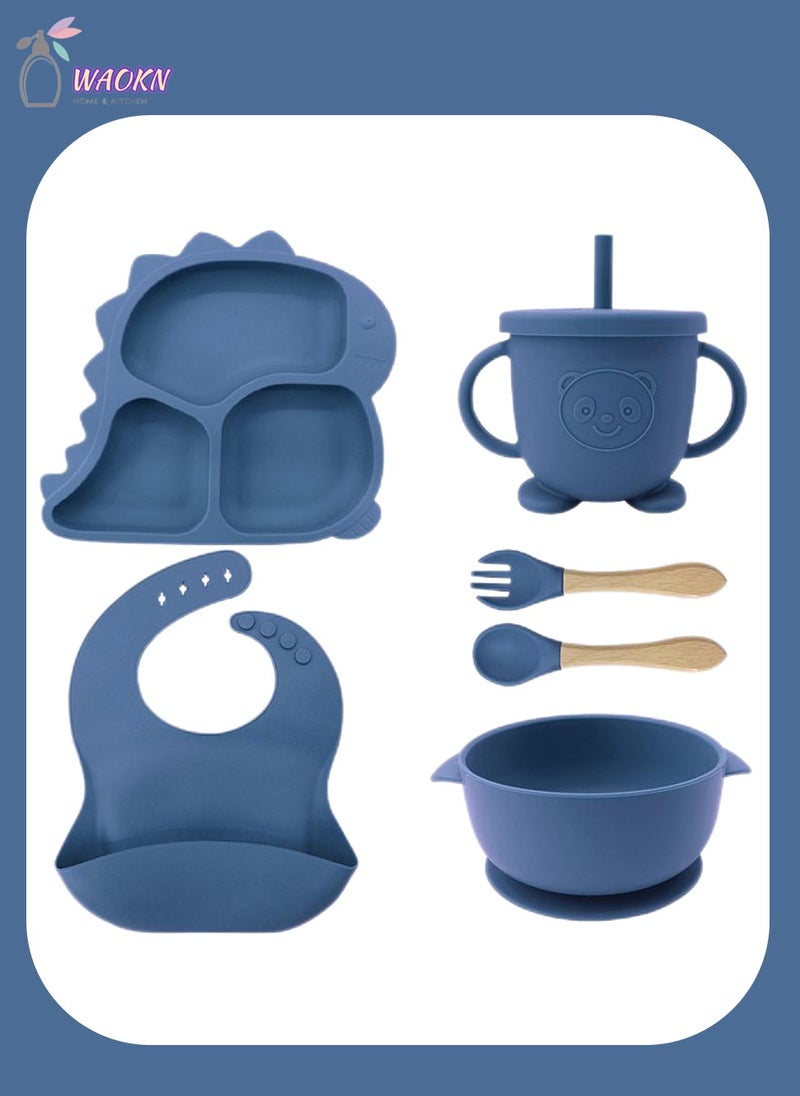 WAOKN 6-Piece Baby Silicone Tableware Set, Special For Infants To Eat Their Own Training Tableware Set, Including Complementary Food Bowl, Sippy Cup, Dinner Plate, Bib, Fork And Spoon - Image 1