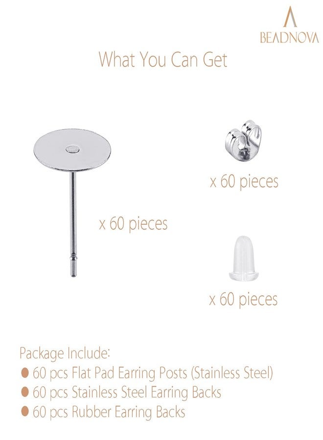 BEADNOVA Earring Hardware 180pcs 8mm Stainless Steel Earring Posts Flat Pad Ear Stud with Clear Rubber and Butterfly Stud Backs for Jewelry Making Ear Post DIY (8mm, Total 180pcs) - Image 3