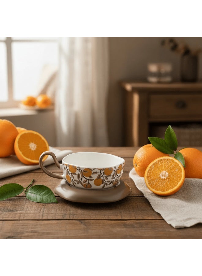 AKDC Elegant White Ceramic Tea Cup with Orange Fruit Print & Taupe Saucer, Modern Tea Set 200ml - Image 1