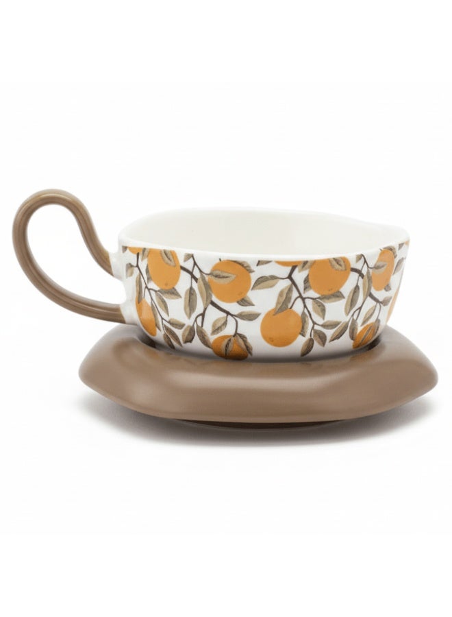 AKDC Elegant White Ceramic Tea Cup with Orange Fruit Print & Taupe Saucer, Modern Tea Set 200ml - Image 2