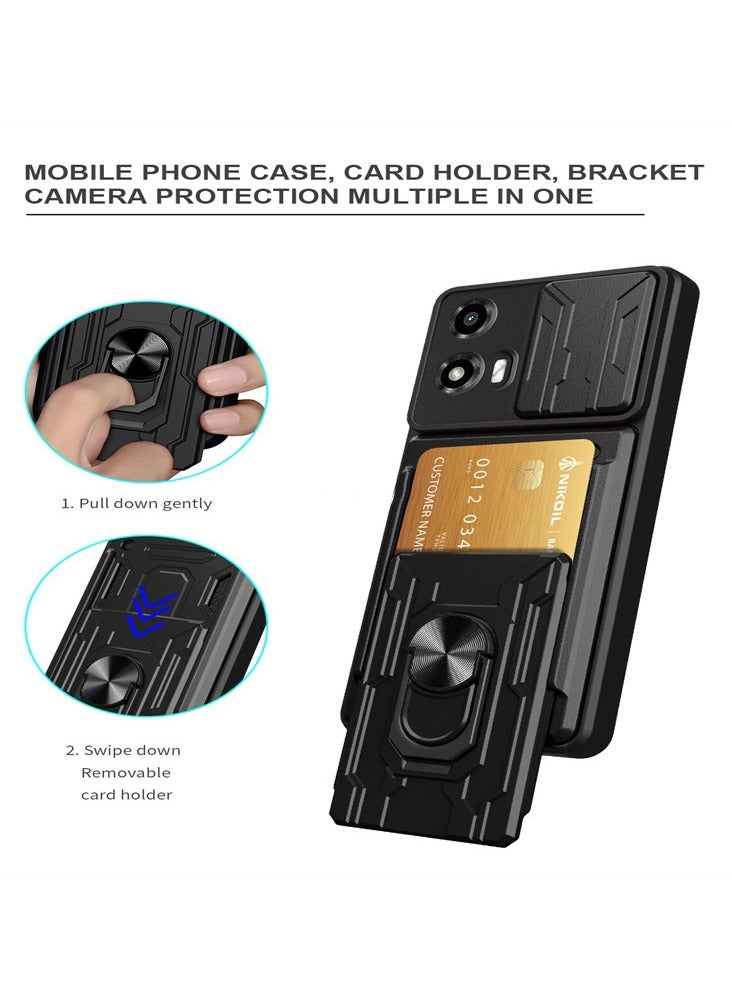 for Motorola Edge 50 Fusion Case, Card Holder & Slide Camera Lens Cover, Magnetic Ring Holder Kickstand Protective Phone Case for Motorola Edge 50 Fusion, Black - Image 2