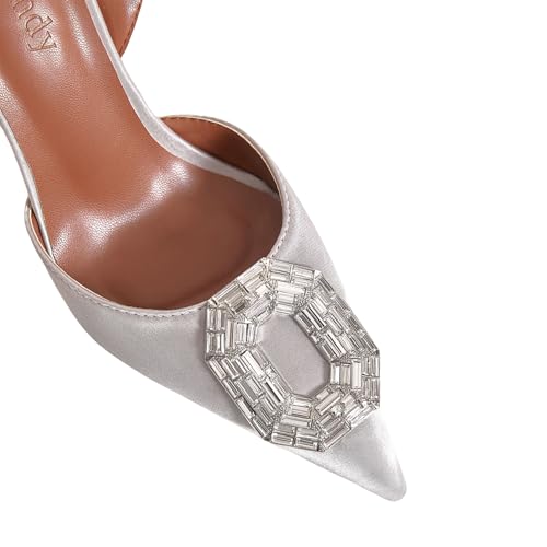 Vertundy Women's Silver Slingback Heels Rhinestone Pumps Pointed Toe Satin Crystal Stiletto High Heeled Sandals Party Wedding Bride Pump Dress Shoes - Image 3