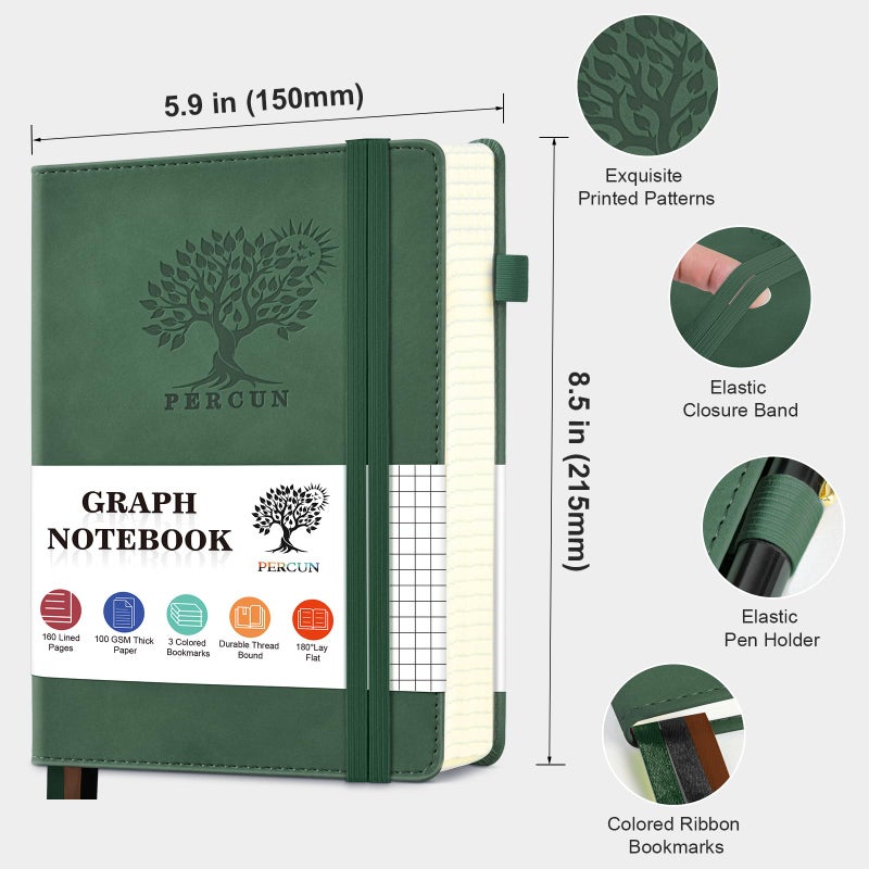 PERCUN Graph Paper Notebook, 160 Pages Grid Journal for women & men, A5 Hardcover Leather Graphing Notebook for School, Work, Travel, Note Taking 5.9â€x8.5â€ (Green) - Image 2