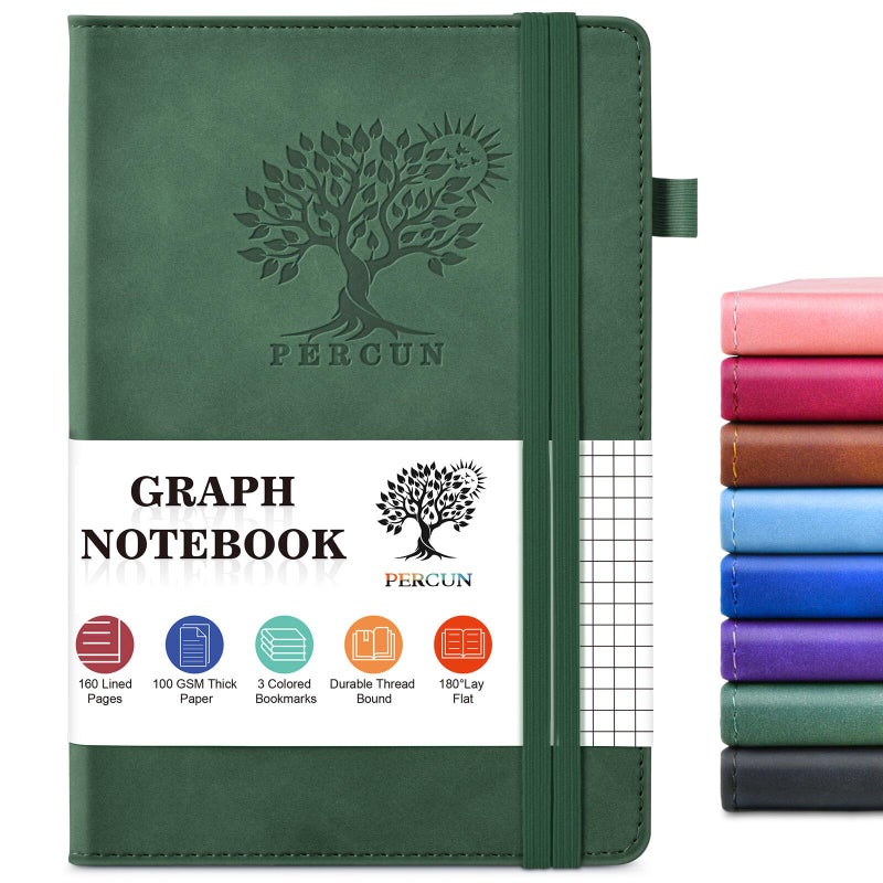 PERCUN Graph Paper Notebook, 160 Pages Grid Journal for women & men, A5 Hardcover Leather Graphing Notebook for School, Work, Travel, Note Taking 5.9â€x8.5â€ (Green) - Image 1