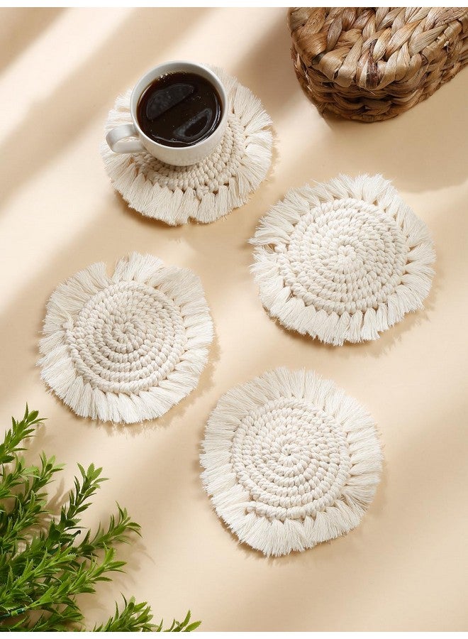 My Creative Hut Macrame Set of 4 Round Coasters Bohemian Style, Handmade, More Absorbent, Traditional, Diwali Gifting, Multipurpose, Big Size (Off White) - Image 1