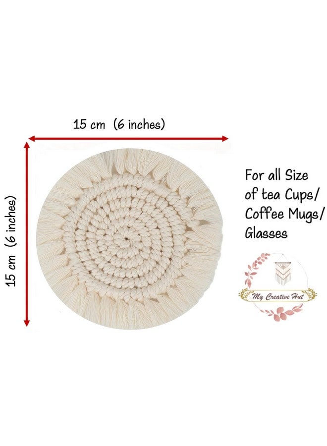 My Creative Hut Macrame Set of 4 Round Coasters Bohemian Style, Handmade, More Absorbent, Traditional, Diwali Gifting, Multipurpose, Big Size (Off White) - Image 3