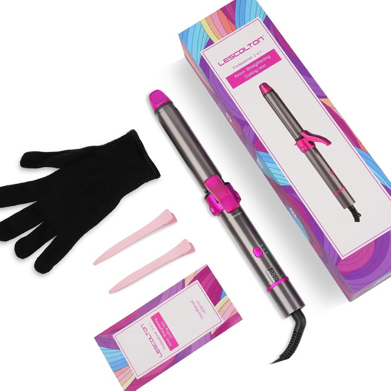 Lescolton Curling Iron and Straightener 2 in 1 Nano-Titanium Coating, Curler Iron with LCD Display, 27 Temperature Adjustable, 100-230 ℃ Curling and Sanding Brush Hair Dryer (Magenta) - Image 2