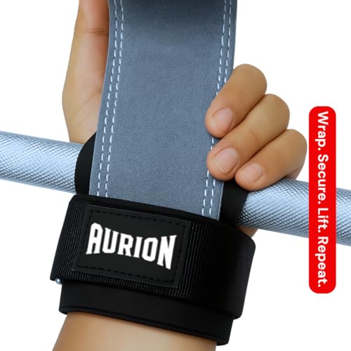 Aurion Premium Suede Leather Lifting Straps | Padded Wrist Support for Weightlifting & Bodybuilding | Non-Slip 19" Deadlift Straps for Gym Workout | Adjustable Wraps for Men & Women (Grey) - Image 5