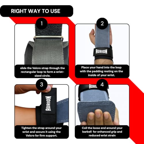 Aurion Premium Suede Leather Lifting Straps | Padded Wrist Support for Weightlifting & Bodybuilding | Non-Slip 19" Deadlift Straps for Gym Workout | Adjustable Wraps for Men & Women (Grey) - Image 4
