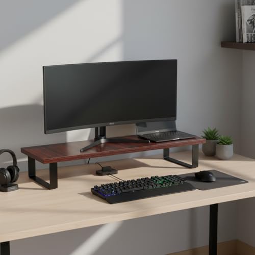 flux Monitor Stand Wooden | Monitor Stand Riser | PC Stand For Desktop Table | Non Slip, Material: Particle Board & Metal (Red) - Image 1
