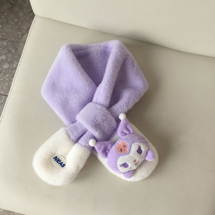 Korean Cartoon Embroidery Kids Scarf with Plush Gloves Purple-scarf 