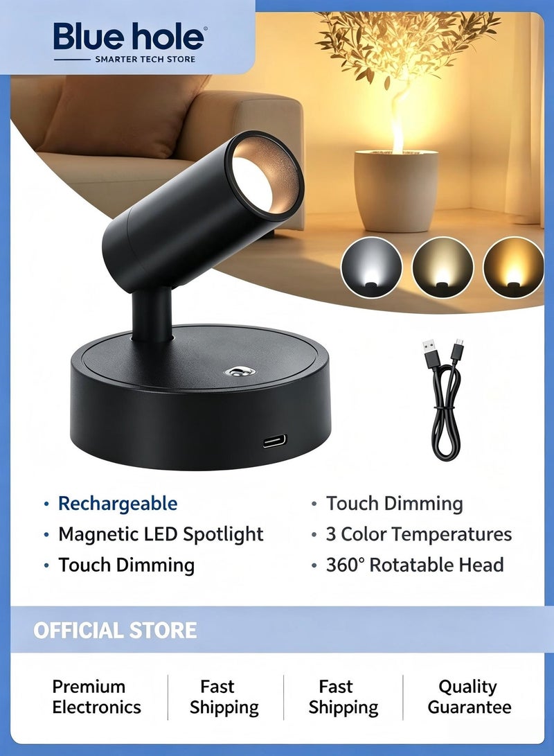BlueHole Rechargeable Magnetic LED Spotlight Wireless Touch Dimmable Reading Lamp 3 Color Temperatures 360° Rotation Bedroom Nightstand Cabinet Ambient Light - Image 1