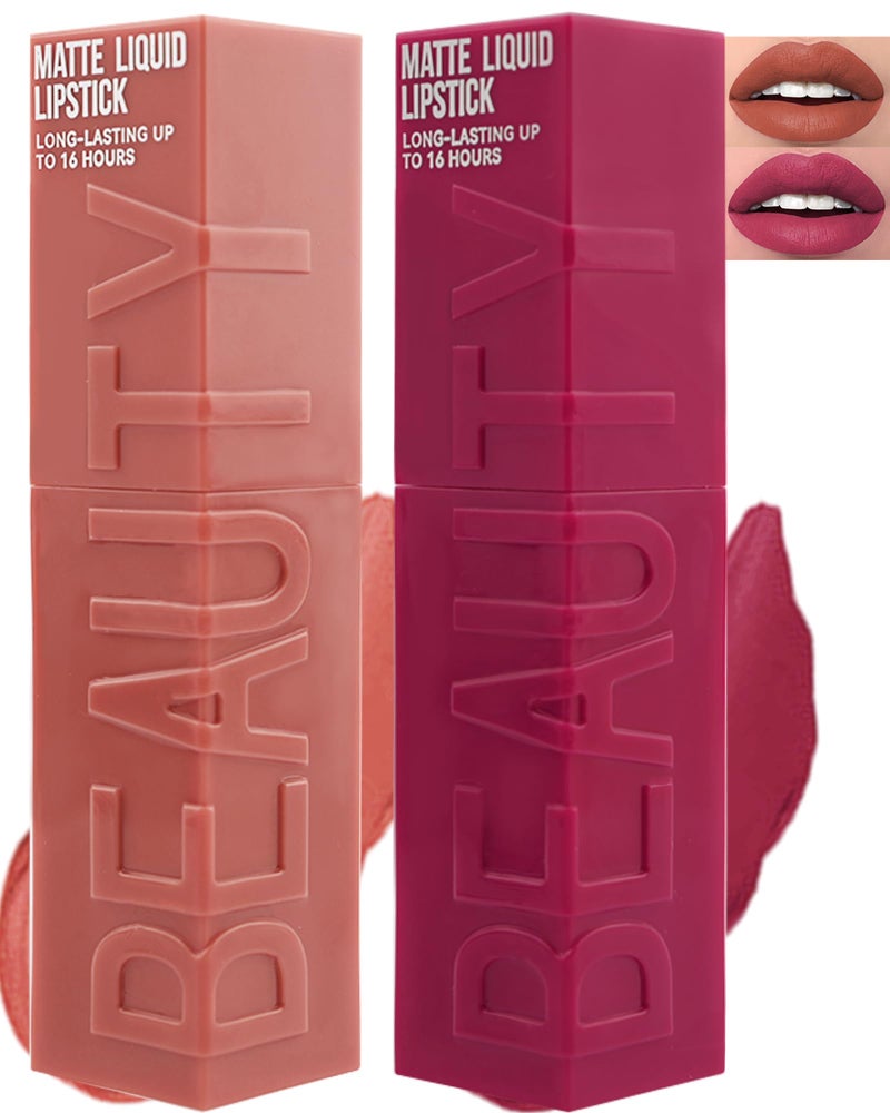 LYSdefeu Matte Liquid Lipstick for Women-2Pcs Orange & Rose Pink Highly Pigmented Lip Stain Tint,Velvet Matte Lip Gloss,Long Lasting Up to 16H Wear,Waterproof Smudge-proof Non-Stick Cup Lip Makeup-02+04 - Image 1