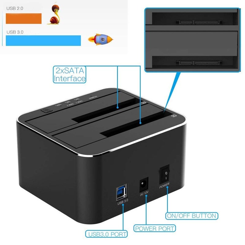 Tobo USB 3.0 to SATA Dual Bay External Hard Drive Docking Station for 2.5/3.5 Inch HDD SSD with Hard Drive Duplicator/Offline Clone Function/2 USB 3.0 Ports/1 USB Fast Charge Port, Support 16TB (TD-YPZ04-S2H-U3) - Image 1