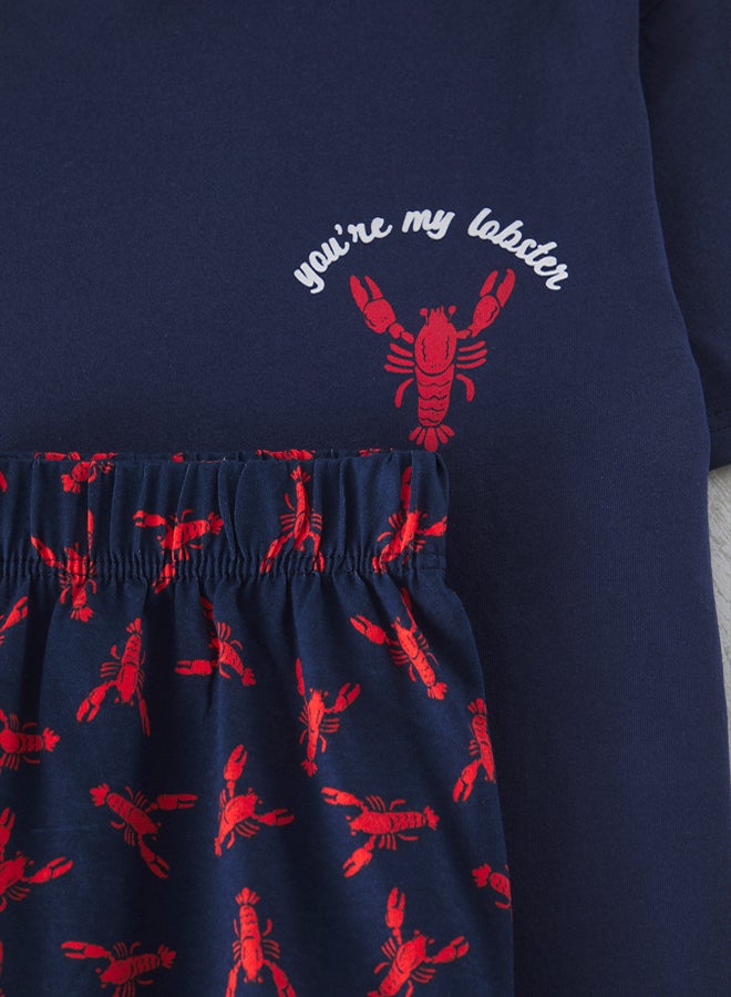 trendyol Navy Blue Regular Fit Lobster Printed Knitted Pajama Set  - Image 3
