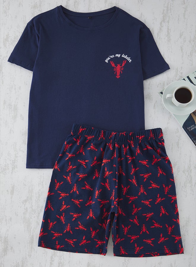 trendyol Navy Blue Regular Fit Lobster Printed Knitted Pajama Set  - Image 2