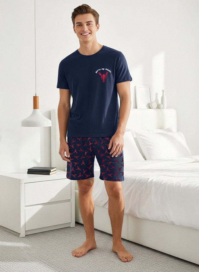 trendyol Navy Blue Regular Fit Lobster Printed Knitted Pajama Set  - Image 1