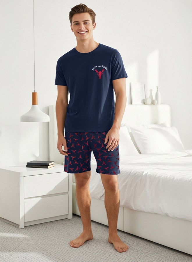 trendyol Navy Blue Regular Fit Lobster Printed Knitted Pajama Set  - Image 1