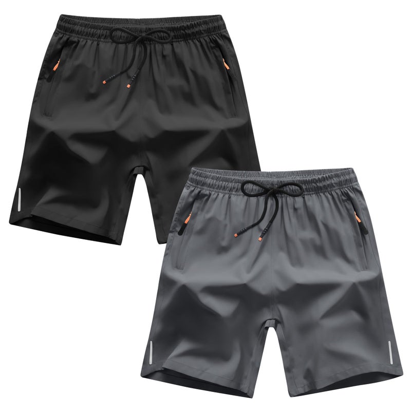ANHDM Boys Athletic Shorts Quick Dry Sport Shorts Lightweight Running Shorts with Zipper Pockets (Pack of 2), B/Black&Grey, 13-14T - Image 1