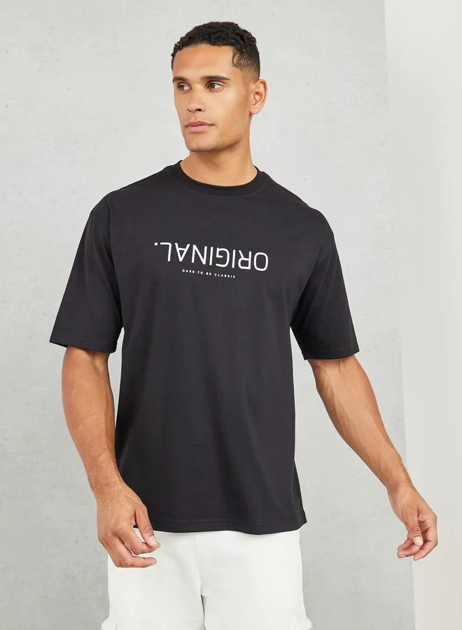 Styli Cotton Rich Oversized Original Upside Down Text Print T-Shirt