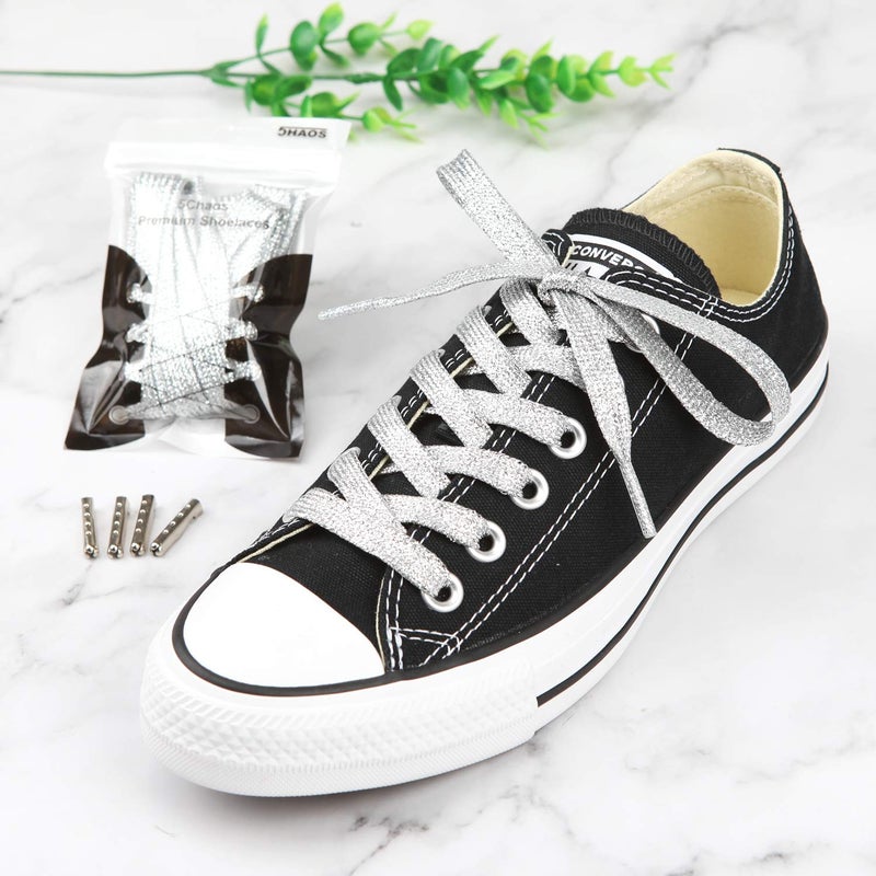 5Chaos Glitter Metallic Sparkle Shoelaces, Sparkly Shiny Shoe Laces for Women Kids Girls Men, Fun Funky Shoestring with Aglets 1Pair (39" (100CM), Metallic Silver) - Image 2