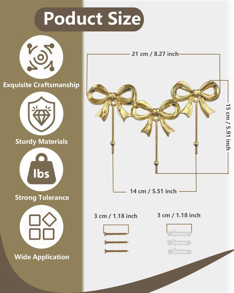 CARMELIT Triple Bow Hooks Decorative Gold Wall Hooks Bow Wall Decor Gold Coat Holder Wall Mount Purse Hanger Cute Butterfly Hook - Image 4