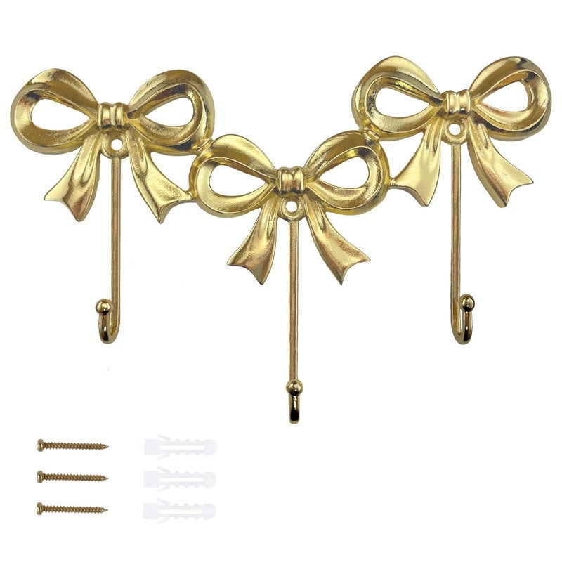 CARMELIT Triple Bow Hooks Decorative Gold Wall Hooks Bow Wall Decor Gold Coat Holder Wall Mount Purse Hanger Cute Butterfly Hook - Image 1