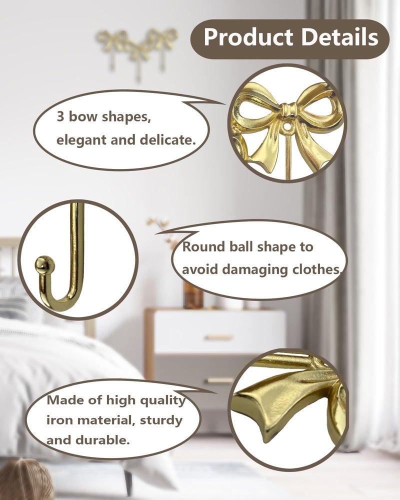 CARMELIT Triple Bow Hooks Decorative Gold Wall Hooks Bow Wall Decor Gold Coat Holder Wall Mount Purse Hanger Cute Butterfly Hook - Image 5