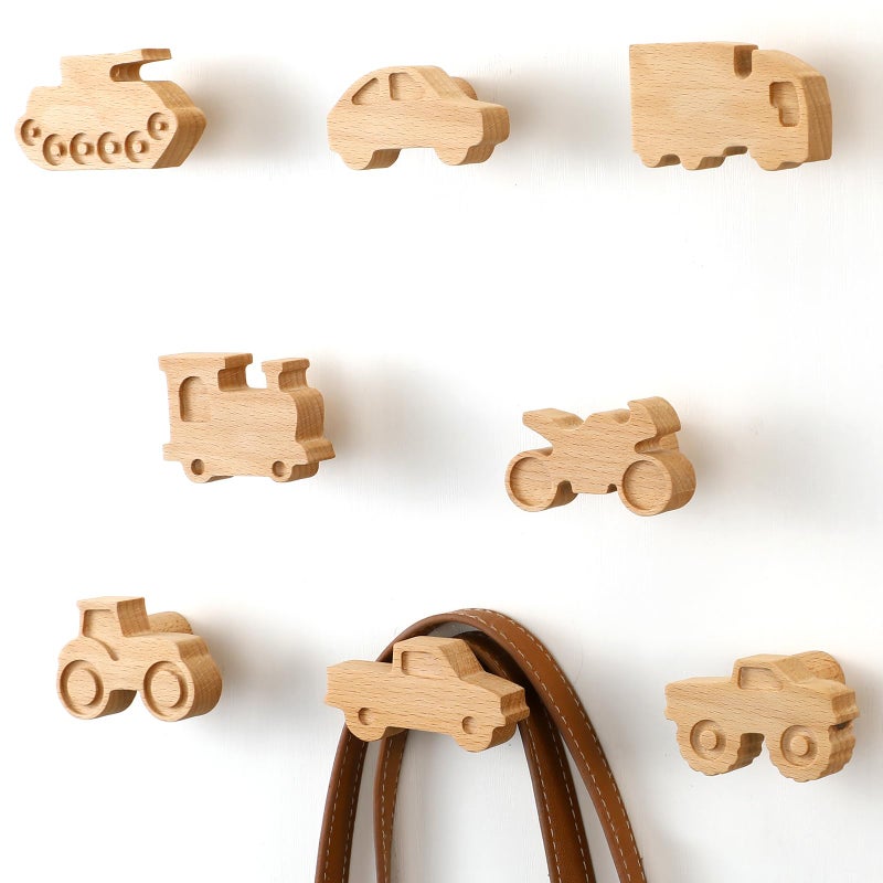 Beeveer 8 Pack Kids Coat Hooks Wall Mount Car Shaped Wooden Coat Rack for Kids Room Nursery Wood Wall Hooks for Hanging Hats Backpacks Towels Keys and Clothes - Image 2