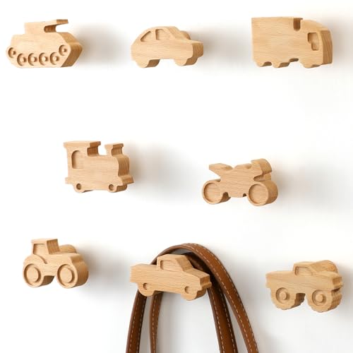 Beeveer 8 Pack Kids Coat Hooks Wall Mount Car Shaped Wooden Coat Rack for Kids Room Nursery Wood Wall Hooks for Hanging Hats Backpacks Towels Keys and Clothes - Image 1