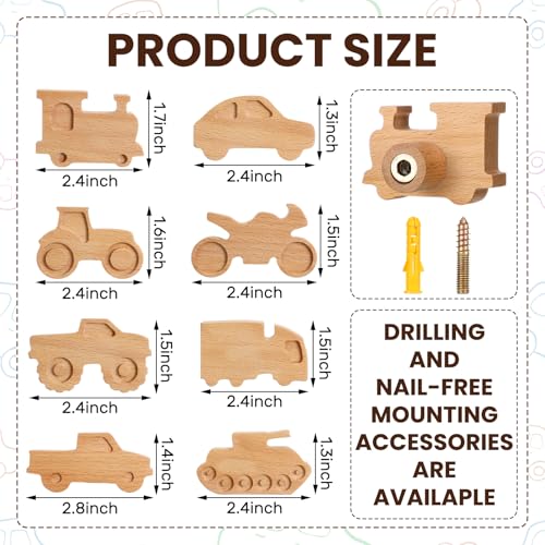 Beeveer 8 Pack Kids Coat Hooks Wall Mount Car Shaped Wooden Coat Rack for Kids Room Nursery Wood Wall Hooks for Hanging Hats Backpacks Towels Keys and Clothes - Image 3