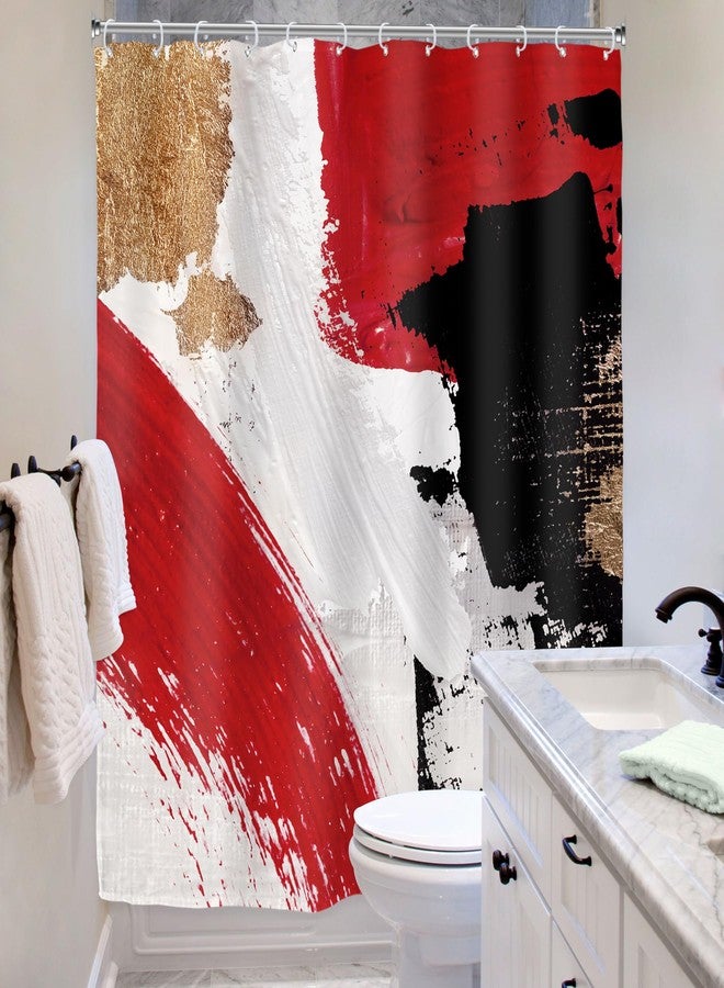 ريديكور ستارة حمام من رييديكور باللونين الأحمر والأسود، مقاس 60 سم عرض × 72 سم ارتفاع، بتصميم تجريدي عصري بسيط مستوحى من اللوحات الزيتية، مصنوعة من قماش بوليستر مقاوم للماء، مع 12 خطافًا بلاستيكيًا. - Image 4