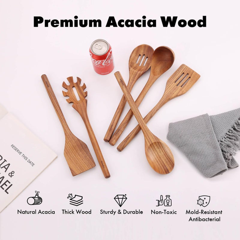 Standcn Acacia Wood Utensils Set - 6 Piece Handmade Wooden Spoons for Cooking, Natural Acacia Wood Kitchen Utensils for Non-stick Cookware, Turner, Serving Spoon, Slotted Spoon, Soup Ladle, Spaghetti - Image 2