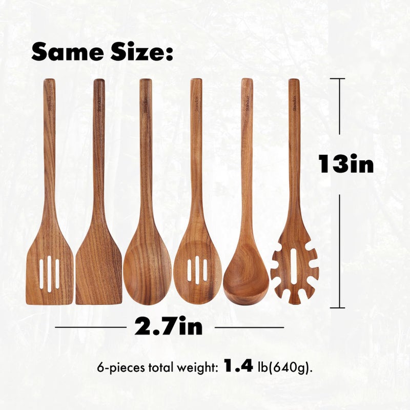 Standcn Acacia Wood Utensils Set - 6 Piece Handmade Wooden Spoons for Cooking, Natural Acacia Wood Kitchen Utensils for Non-stick Cookware, Turner, Serving Spoon, Slotted Spoon, Soup Ladle, Spaghetti - Image 3