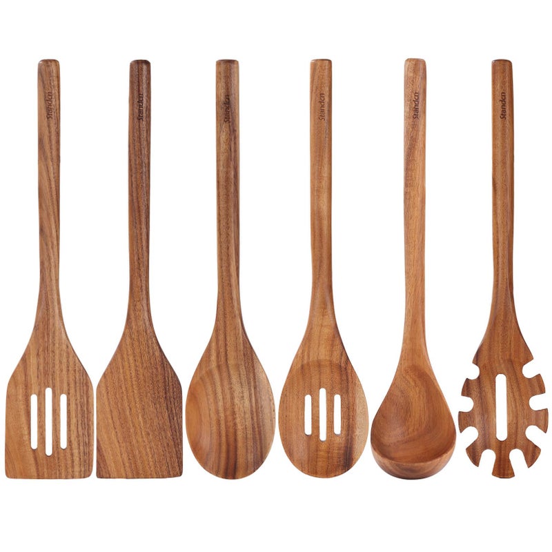 Standcn Acacia Wood Utensils Set - 6 Piece Handmade Wooden Spoons for Cooking, Natural Acacia Wood Kitchen Utensils for Non-stick Cookware, Turner, Serving Spoon, Slotted Spoon, Soup Ladle, Spaghetti - Image 1