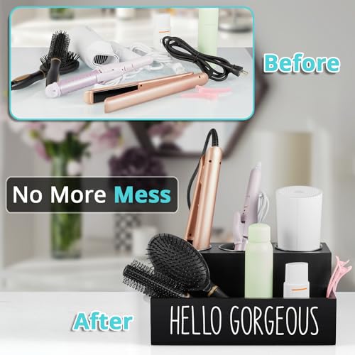 Bivvclaz Hair Tool Organizer, Wooden Hair Dryer Holder Countertop, Wall Mount Hot Tools Organizer for Hair Styling Accessories, Bathroom Supplies Vanity Caddy for Curling Wand, Blow Dryer, Black - Image 4