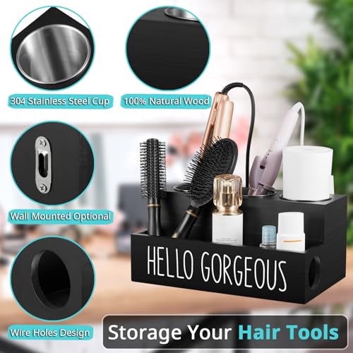Bivvclaz Hair Tool Organizer, Wooden Hair Dryer Holder Countertop, Wall Mount Hot Tools Organizer for Hair Styling Accessories, Bathroom Supplies Vanity Caddy for Curling Wand, Blow Dryer, Black - Image 3