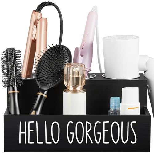 Bivvclaz Hair Tool Organizer, Wooden Hair Dryer Holder Countertop, Wall Mount Hot Tools Organizer for Hair Styling Accessories, Bathroom Supplies Vanity Caddy for Curling Wand, Blow Dryer, Black - Image 1