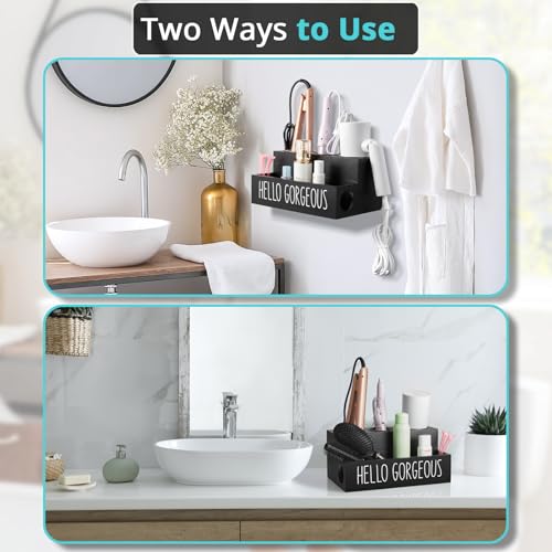 Bivvclaz Hair Tool Organizer, Wooden Hair Dryer Holder Countertop, Wall Mount Hot Tools Organizer for Hair Styling Accessories, Bathroom Supplies Vanity Caddy for Curling Wand, Blow Dryer, Black - Image 5